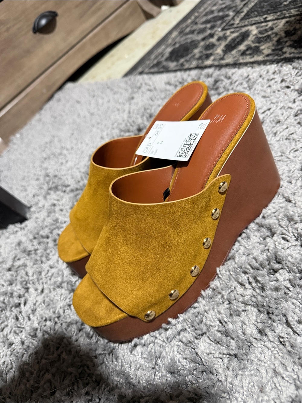 H&M Mustard Yellow Suede Platform Mule Wedges